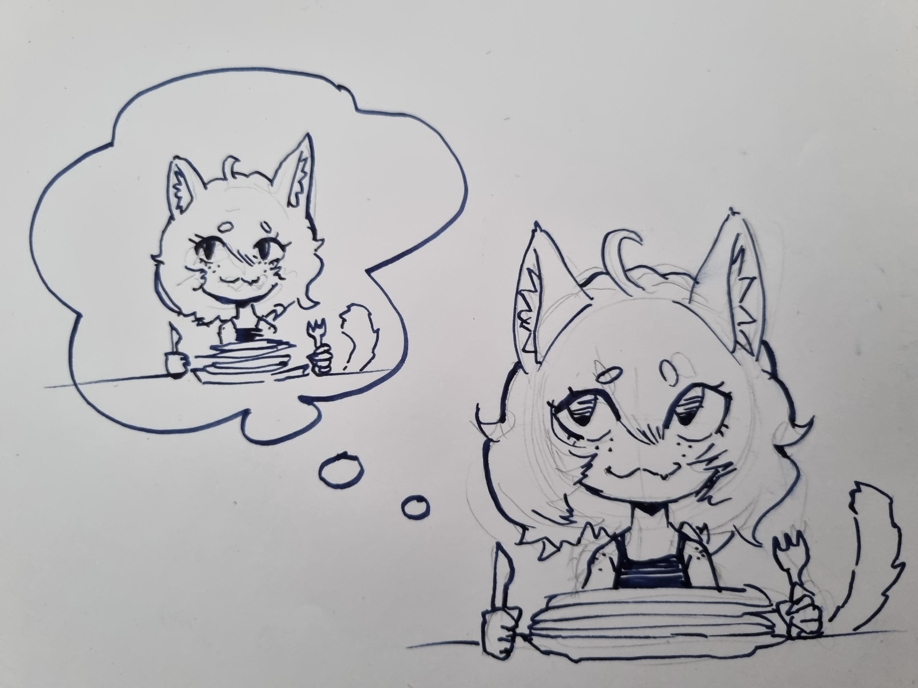 Doodle of a cat character eating pancdkes and fantasising about the next time they get to eat pancakes.