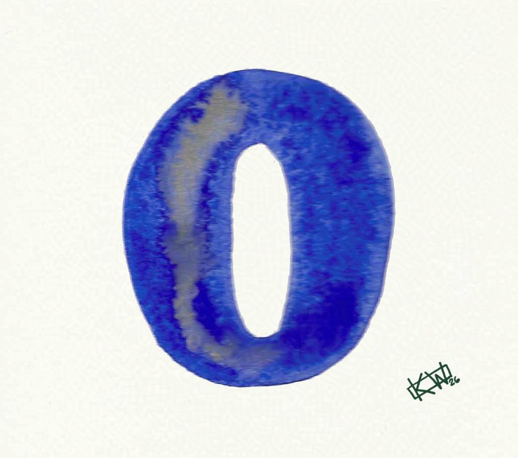 Watercolor of upper case letter O in a lovely shade of blue with gold swirls.