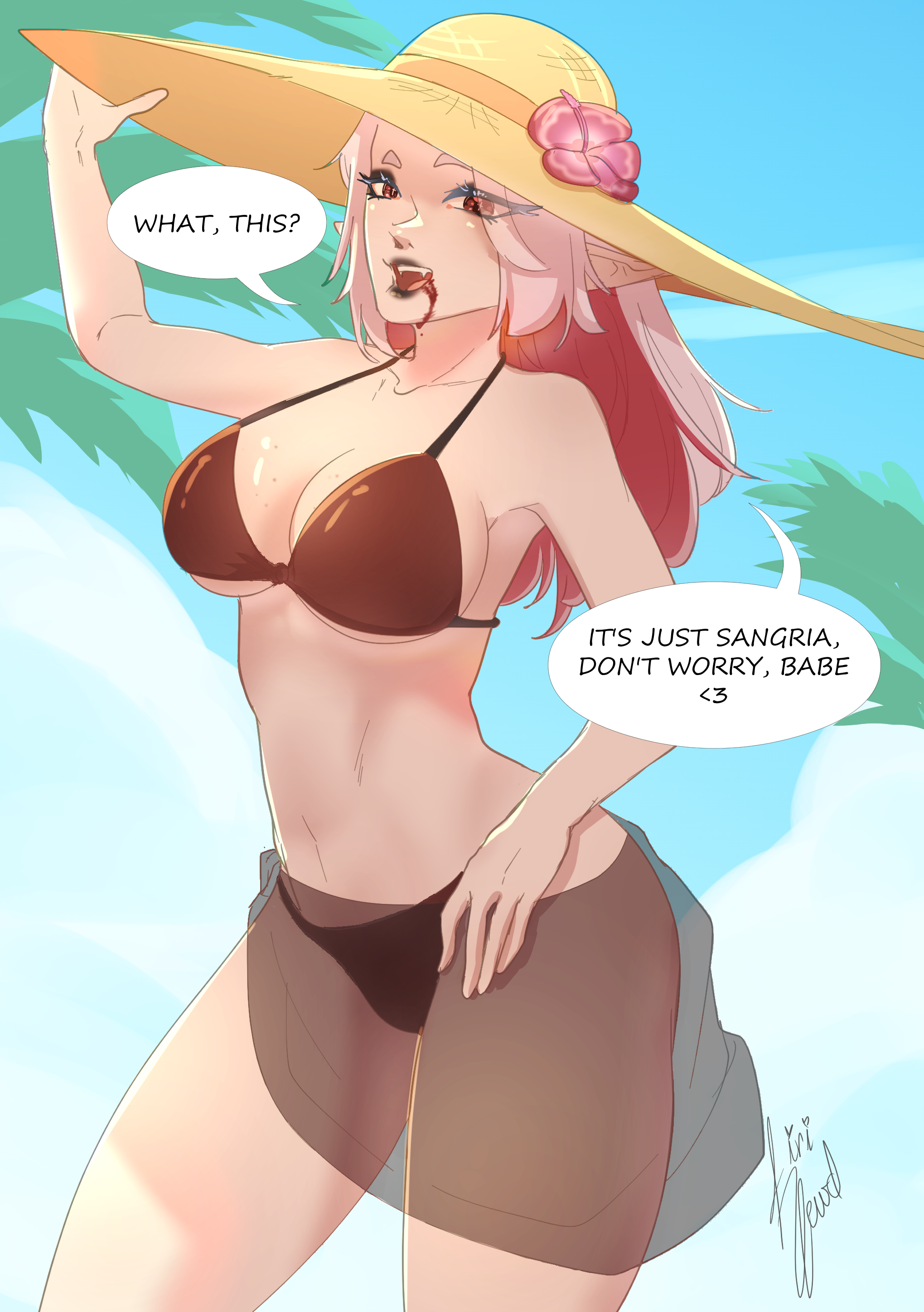 Drawing of a vampire woman with long white/pink hair, and red eyes. She is wearing a big straw hat and a black plain bikini, with a semi transparent pareo. She is smiling at the viewer, a red liquid coming from the corner of her mouth.

Text: "What, this?" "It's just sangria, don't worry, babe <3"