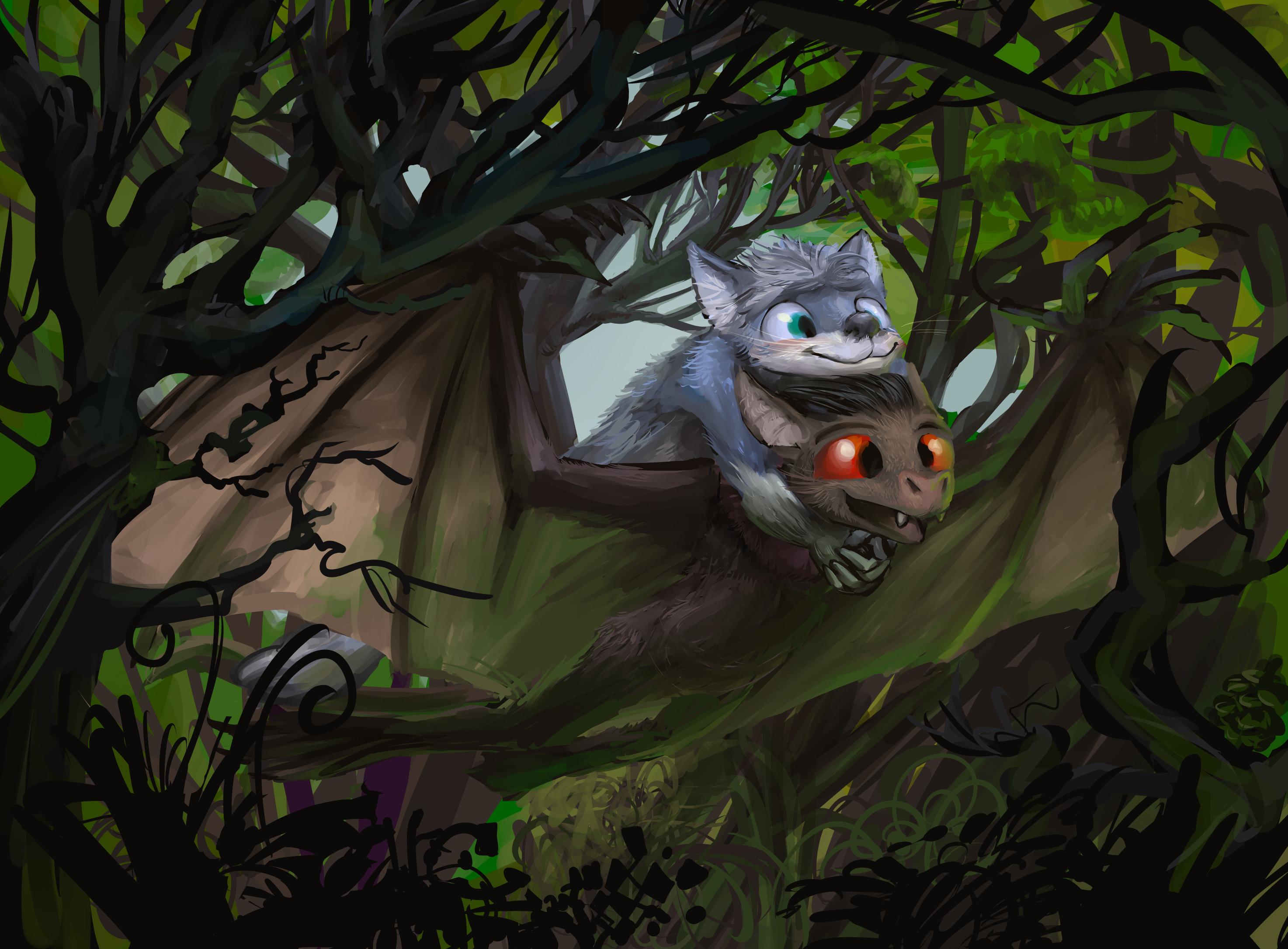 anthropomorphic bat person with very large wings being ridden by an anthropomorphic wolf person through a forest largely drawn without reference