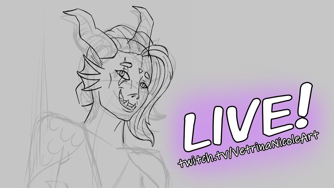 Stream announcement featuring a WIP of a digital drawing of a dragonborn character. The text says "LIVE! twitch.tv/VetrinaNicoleArt"
