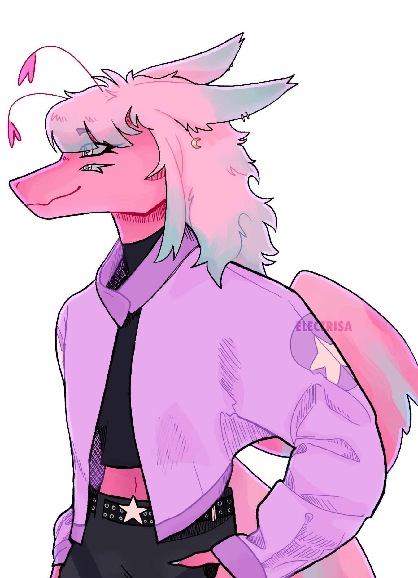 A pink, fluffy, anthropomorphic dragon seen from the side. Her scales are deep pink, her furry hair and wings are lighter pink with lightblue accents. She has two fluffy antennae. Her eyes are blue with star-pupils. She's wearing a lilac jacket, a black top and black jeans, with star markings in the designs.