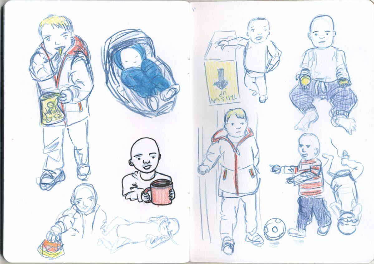 Sketchbook pages. A series of drawings of children in blue pencil, with pops of colour added by orange and yellow pencil, plus a light blue pen. Drawings include a child eating a packet of crisps, a small baby with breathing tubes, a grumpy looking child and a small child standing beside a box that reads "this way up" with an arrow indicating that it's upside down.