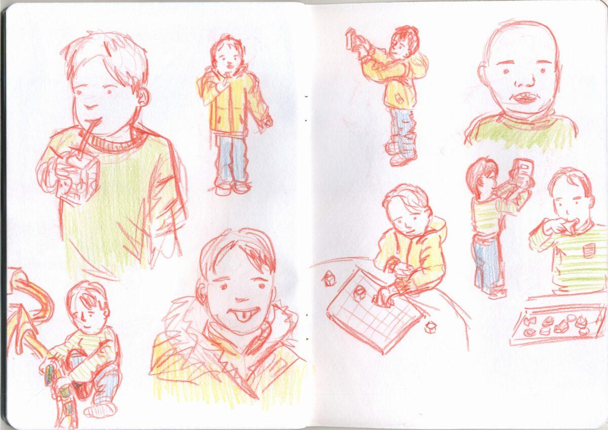Sketchbook pages. A series of sketches of children, drawn in orange pencil with details coloured in light green, yellow and blue. The drawings include a child drinking from a juice box, a child sticking out their tongue and a child building something out of blocks.