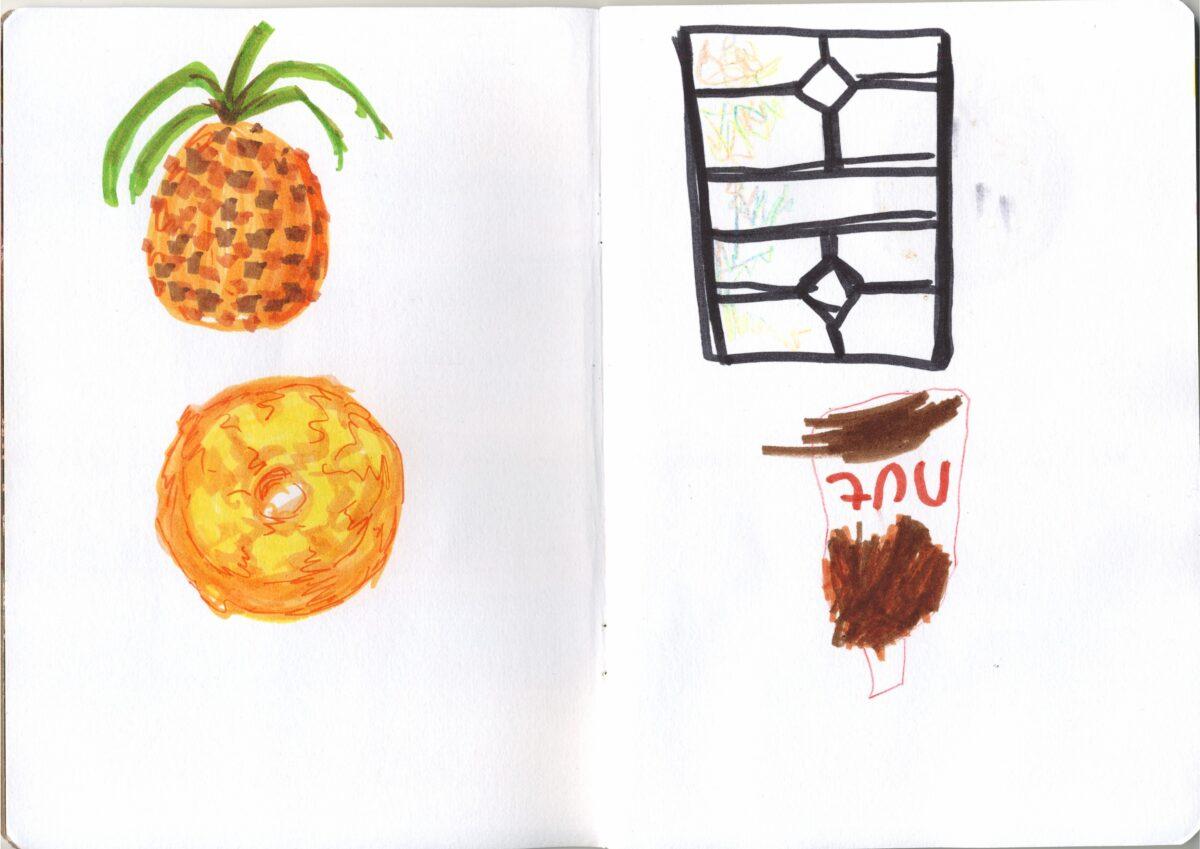 Two sketchbook pages. The left page has a colourful pen drawing of a pineapple, both whole and cut into a ring. The right page has a rough drawing of a decorative window and an upside down drawing of a jar of nutella.