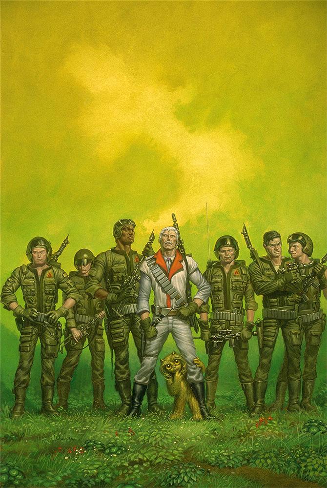 A white haired man with curling mustache and firm jaw stands front and center in a line of uniformed soldiers. His white jumpsuit with red lapels contrasts their olive drabs, but he is clearly the alpha among them with a bandolier strapped across his chest, a laser rifle over one shoulder, and a sidearm at his hip. Gripping his leg at the knee, framed by the inverted V of his stance, a large-eyed fuzzy alien with amber eyes curiously peeks out.
