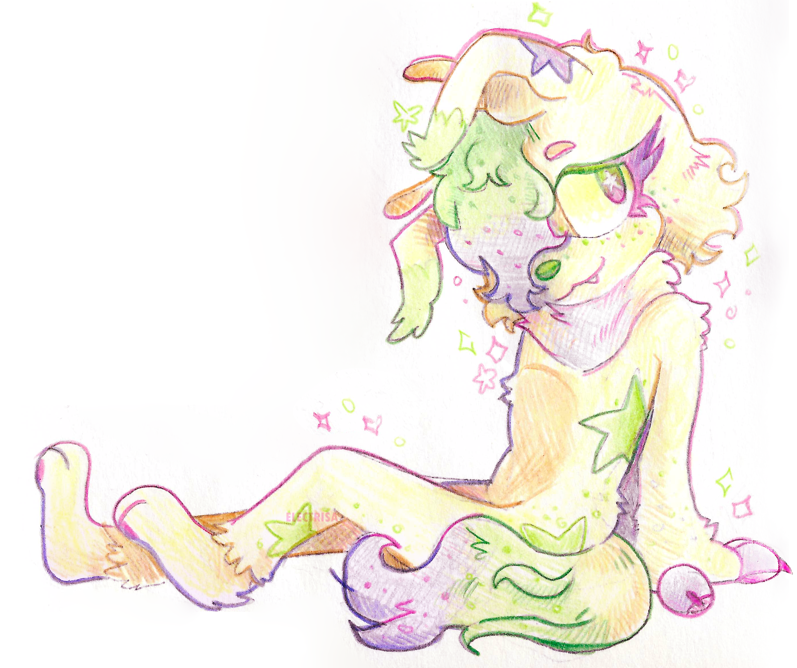 A picture in coloured pencils of an anthropomorphic fox-bunny hybrid with alien-looking feelers on top of her head. Her fur is fluffy and light yellow, her long fringe and fluffy tail are green fading into lilac. She's covered in freckles and star markings of the same colours. She's sitting on the ground, leaning back on her hands, one of her eyes is covered with the fringe.