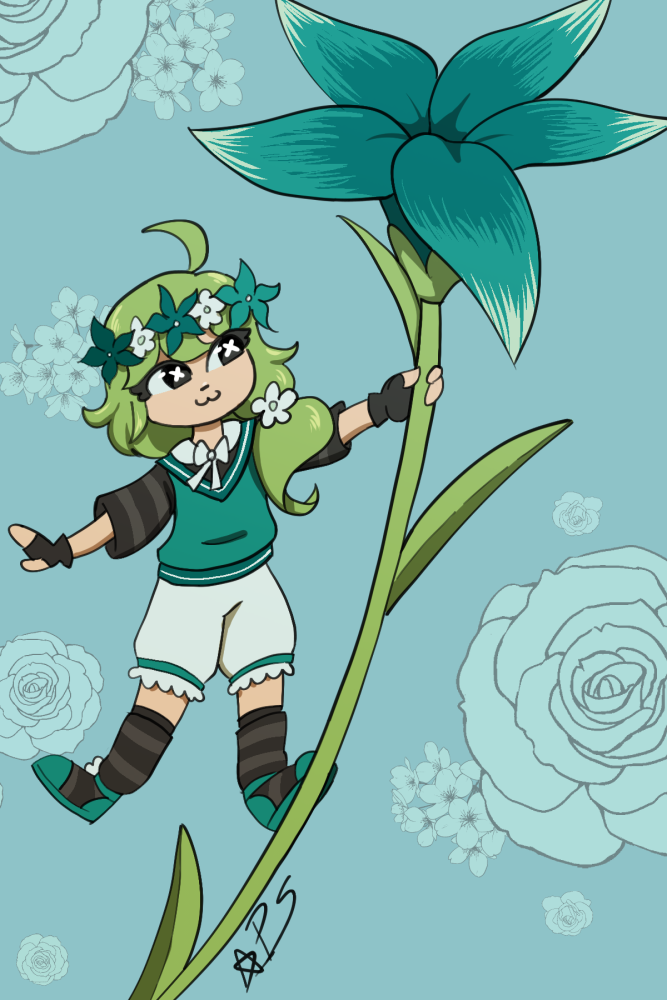 A green themed chibi with a ponytail on a giant flower