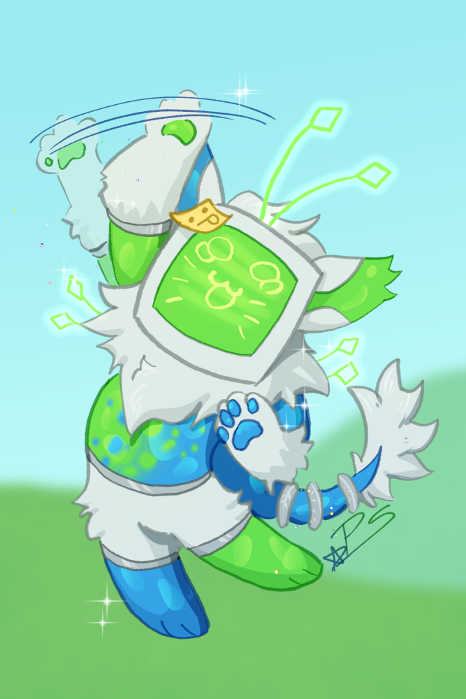 A silly cat with a CRT head. It's body is a mix of blue & green in Frutiger Aero style