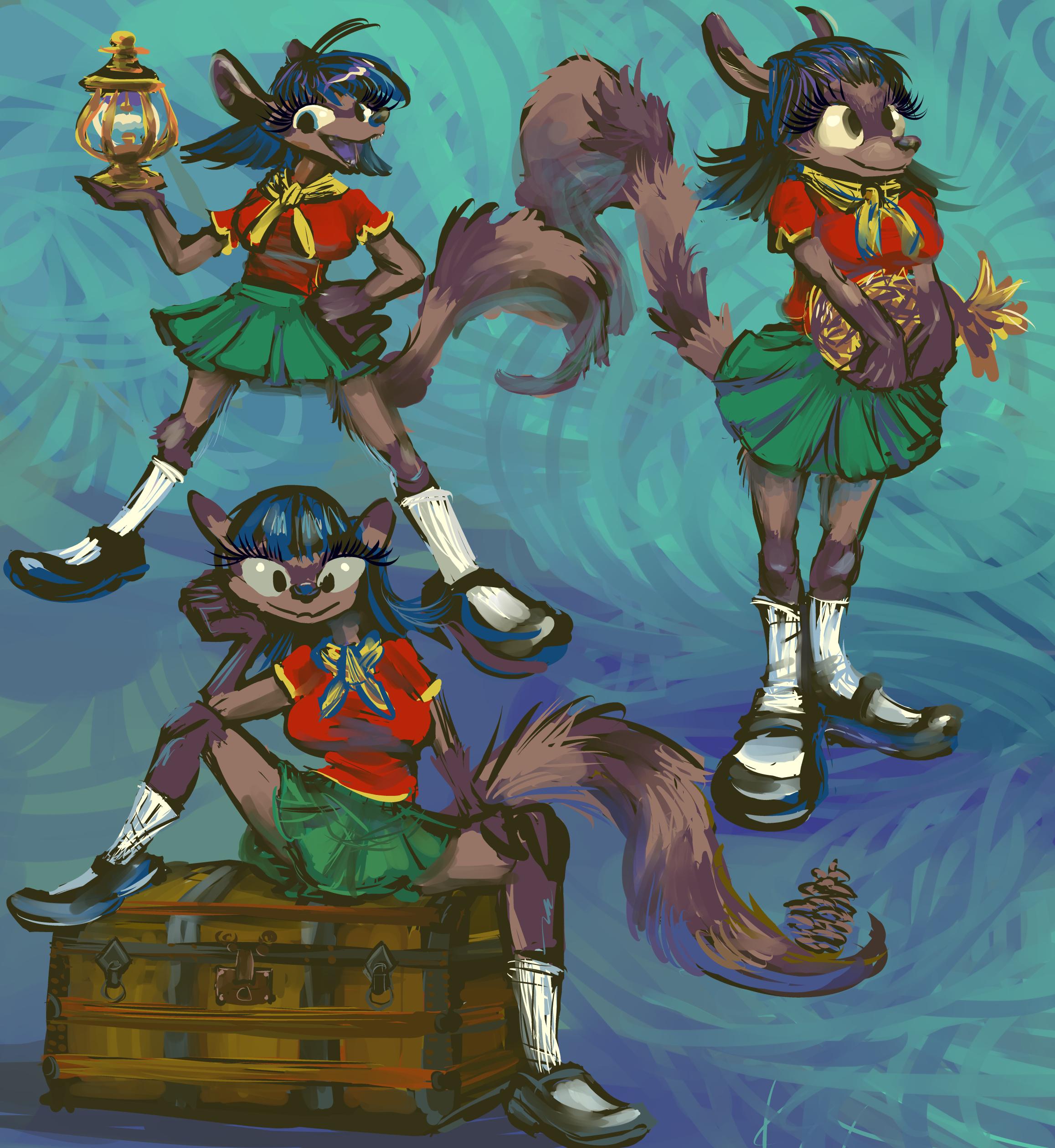 three instances of a cartoonishly drawn anthropomorphic raccoon person wearing a red shirt, yellow scarf-like neck adornment and a green skirt that might be too short for someone that tall, dorkily poses with what appear to be an old fashioned lantern, a metallic pineapple and a large sea chest