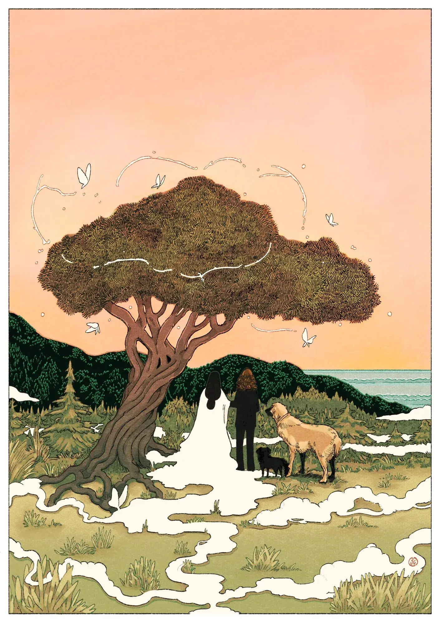 A digital color illustration of two human figures facing away from the viewer, standing on a cliffside overlooking a large forest below them. Beyond the forest are darker mountains and the ocean. Beside the figures is a tall twisting tree, with pale butterflies dancing around it. Next to the figures are two dogs, also staring in the same direction, as white swathes of mist and fog encircle the small family.