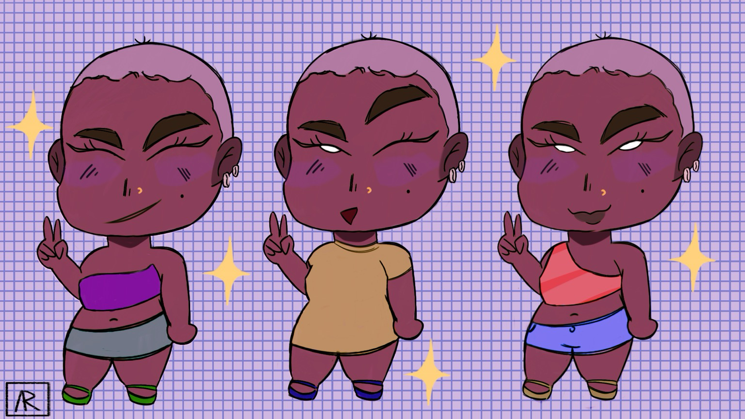 three digital chibi versions of me with pastel mauve tapers in cute outfits surrounded by pale yellow glimmers over a lavender grid background.