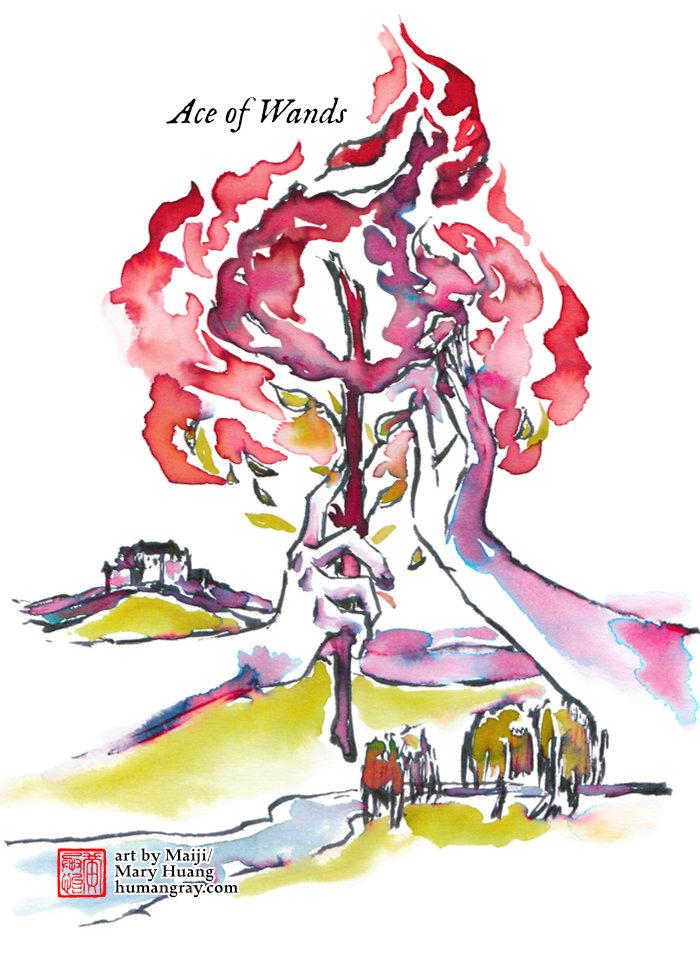 Tarot card rendered in fountain pen inks of vivid colours blended with water. Ace of Wands: A hand holds up a branch, its lit in a brilliant fire that almost looks like a giant blooming flower, while the fingers of the other hand seem to stroke the flames. The background shows 3 willow trees by a river, with a castle on a mountain in the distance. Art by Maiji/Mary Huang - humangray.com