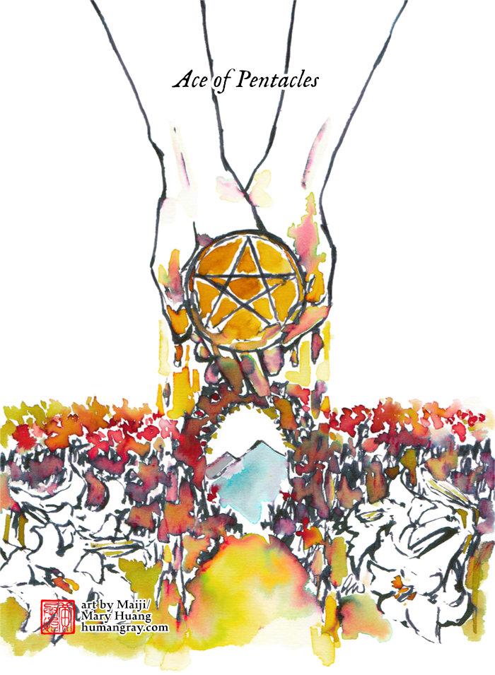 Tarot card rendered in fountain inks of vivid colours blended with water. Ace of Pentacles: A pair of hands holds a golden pentacle, fingers dripping with soil or mud. The background shows a garden of lilies and roses with a hedge archway, mountains visible in the distance. Art by Maiji/Mary Huang - humangray.com