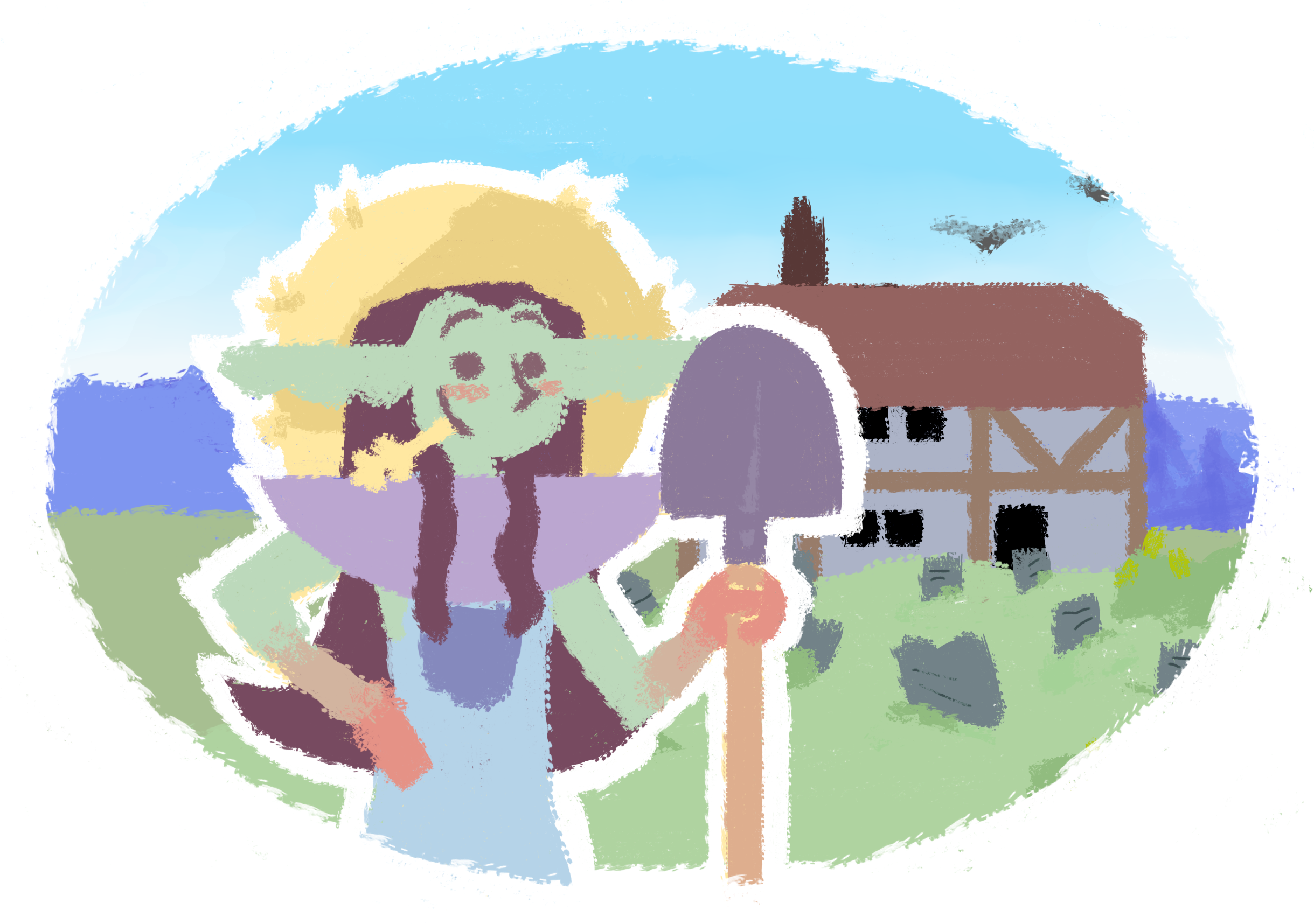 Elvis, a greenish vampire, is standing, a strand of wheat in his mouth, while holding a shovel, in front of a small graveyard