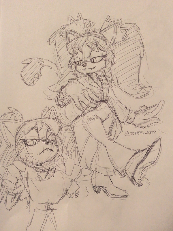 Sketch by Tealful Eyes of their interpretation of Honey the Cat from Sonic the Hedgehog series in a suit and in the bottom corner a sketch of them holding up a dress they're not thrilled with the design of.
