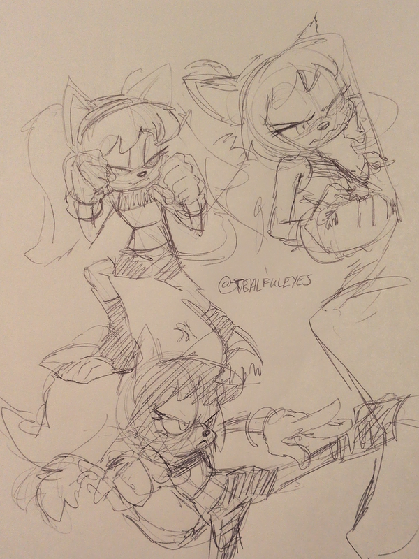 Sketch by Tealful Eyes of their interpretation of Honey the Cat from Sonic the Hedgehog series in various poses in martial arts training.