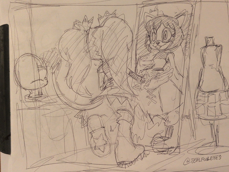 Sketch by Tealful Eyes of their interpretation of Honey the Cat from Sonic the Hedgehog series posing happily in front of a mirror with a dress they made.