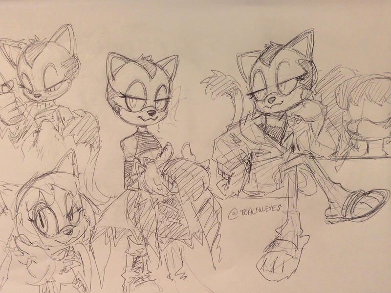 Sketch by Tealful Eyes of their interpretation of Honey the Cat from Sonic the Hedgehog series in various poses.
