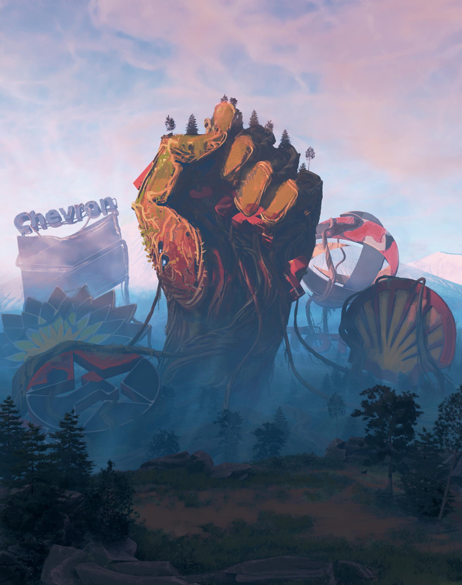 an alternate lighting version for my seeds of resistance image. showing a raised fist made out of vines and vanquished fossil fuel enemies of the people.