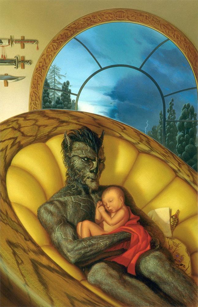 An alien with wolfish features reclines in a yellow papasan chair with a human baby nestled against its gray furred chest. Its arms and chest are heavily scarred but it cradles the baby gently. Behind the chair, an arched window, segmented and bordered with intricate scrollwork, reveals alien trees and an incoming storm. Beside the window, the hilt of two swords—one clearly a katana—face opposite the curved blade of a heavy dagger, all extending off camera on the wall.