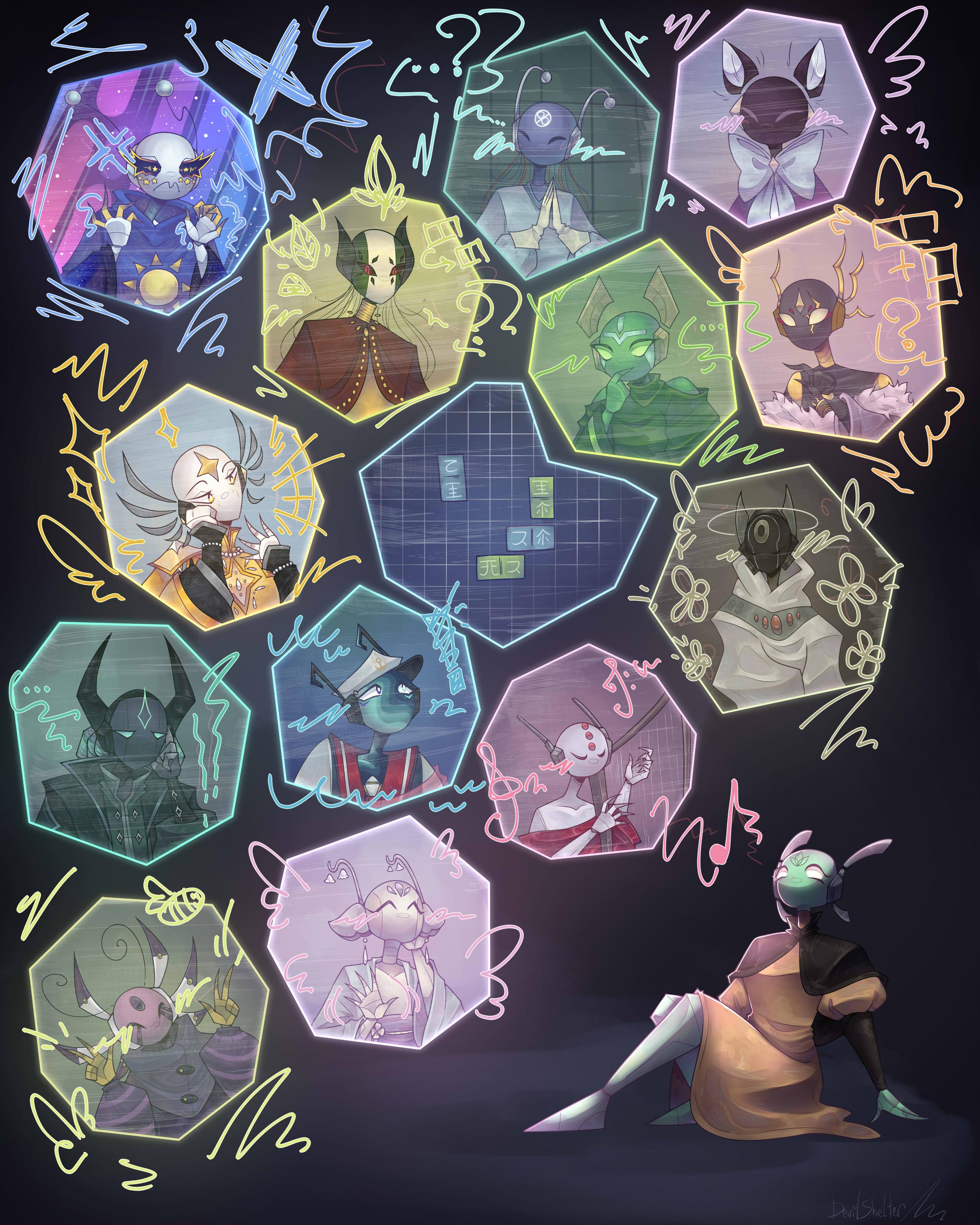 14 iterators OCs (game: Rain World) playing dominos and having a good time. In order from below to top: Vespertine Aptitude by HorizoneARC, SOTHEBY by LycorAkami, Everlasting Lotus Waters by egguca, Three Signals by Mary-Maru, Subject 09 by Moody Mu, A Vast Plausible Link by ToxicToxicities, Fragmented Memories by Hevy, Coral by The Vast Overcast, Ten Lofty Flights by Slate021, Scales of Resomamce by Windyreed, Eight Bitter Leaves by Dreibeinigestier, Quiet Ere Dusk by Bepple, Faithful Familiar Follower by GenoCat, Evening Yonder's Endless by Hammerhead Turo