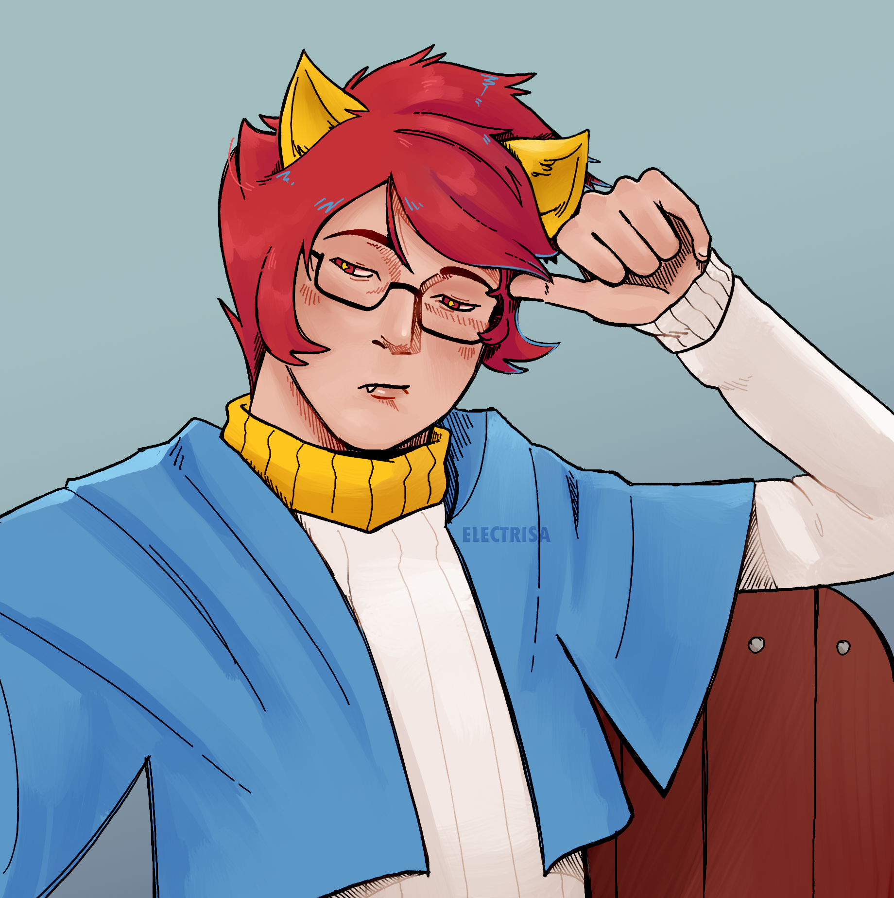 Picture of a young man with red, spiky hair and yellow cat ears poking out of it. He's wearing a white sweater and a blue cape over his shoulders, and rectangular glasses. He's leaning lightly on his hand, his arm perched up on the chair. He has a bored expression.
