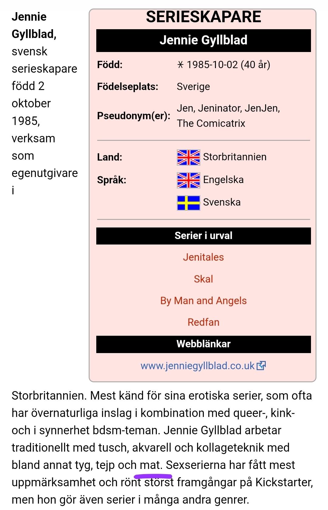 screenshot of the part of a wiki in Swedish. With a scribbled underline of one word which Jen must have found amusing.