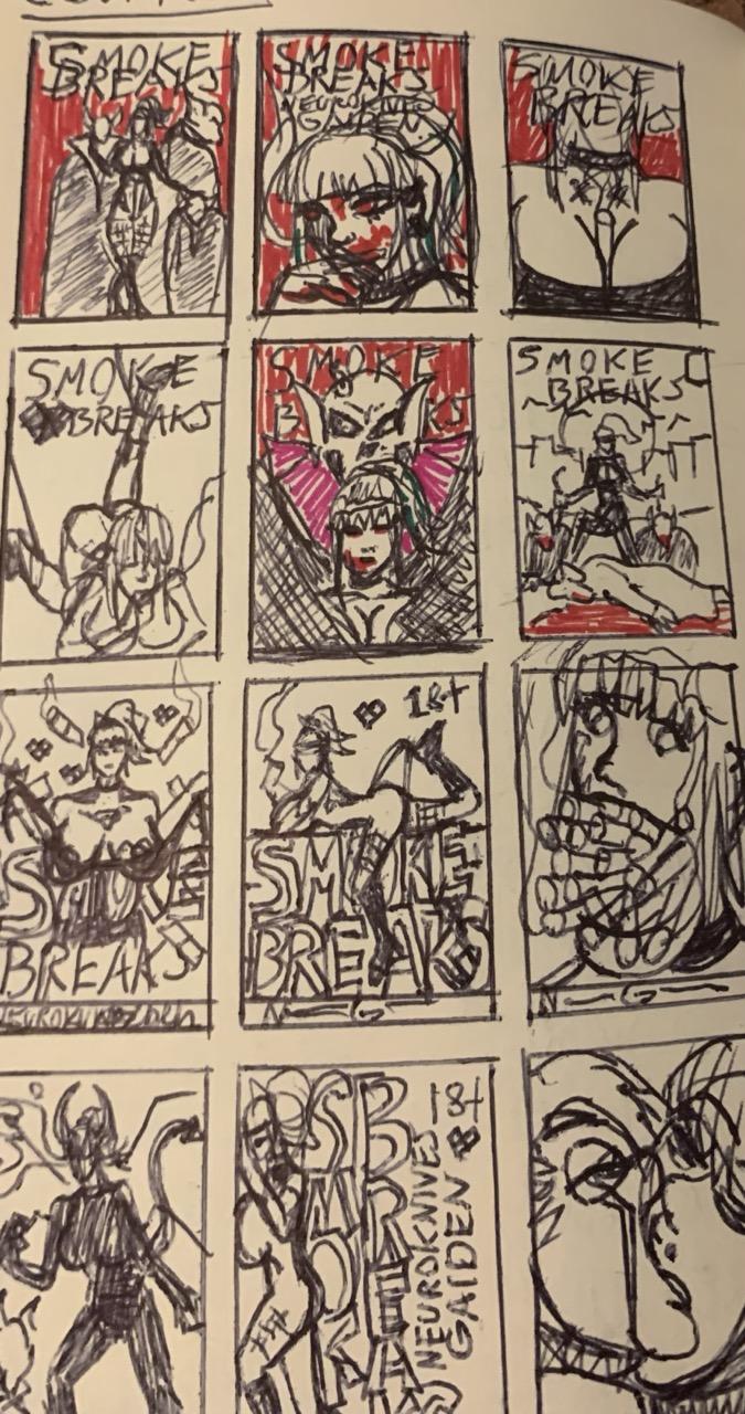 A series of doodle-y comic cover thumbnails drawn in a pocket notebook with a ballpoint pen. Some have been accented with red papermate flair, but most of them are just black ballpoint pen.
