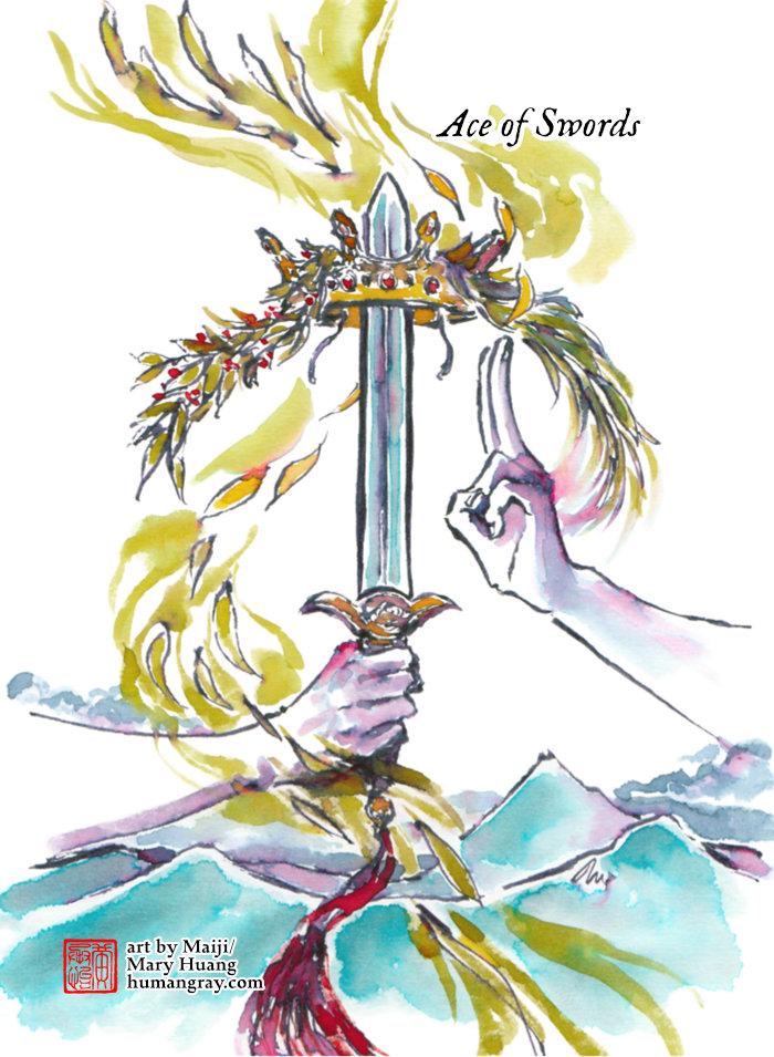 Tarot card rendered in fountain pen inks of vivid colours blended with water. Ace of Swords: A hand holds up a sword with a crown floating about its tip, and two branches of leaves hanging from it, one with small red berries. The other hand forms a sword fingers gesture. Leaves are blown about the scene, and mountains are visible in the background. Art by Maiji/Mary Huang - humangray.com
