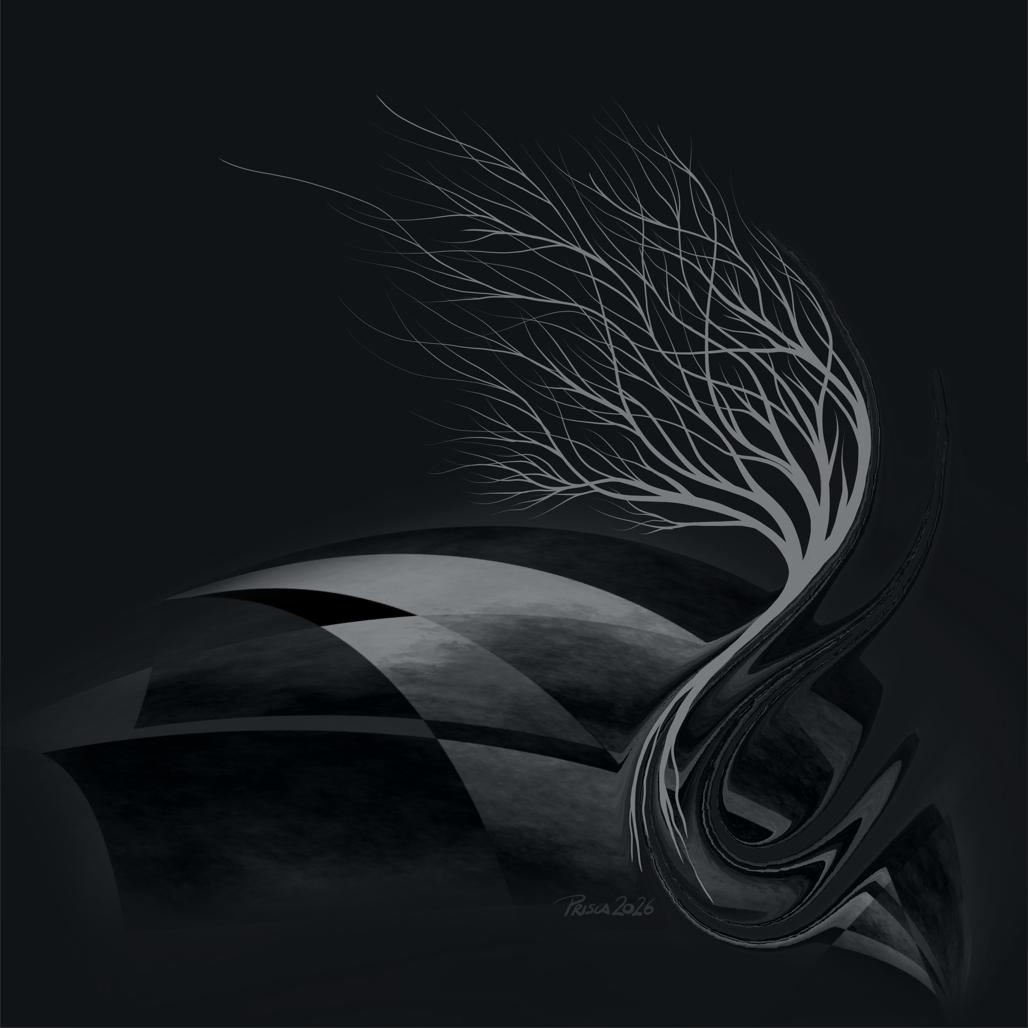 Watercolour; monochrome black and grey on a near-black background. Large angular geometric forms — dark, faceted, architectural — press in from the left and lower edges, their surfaces smooth and hard against the darkness. From the right, a large organic coiling form curves upward, its surface layered and dark, suggesting a furled wave or compressed earth. From this coil, a bare grey tree rises, its branches swept diagonally to the upper left as if caught in a strong wind, fine and delicate against the stark geometry surrounding it. The contrast between the rigid angular slabs and the single organic form is absolute. The image is entirely without colour — only gradations of dark grey and black. The mood is one of suppression and isolation.