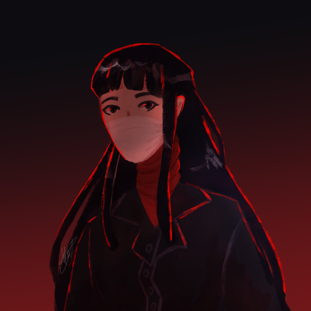 A lanky woman with long black hair looking ahead with red light highlighting her