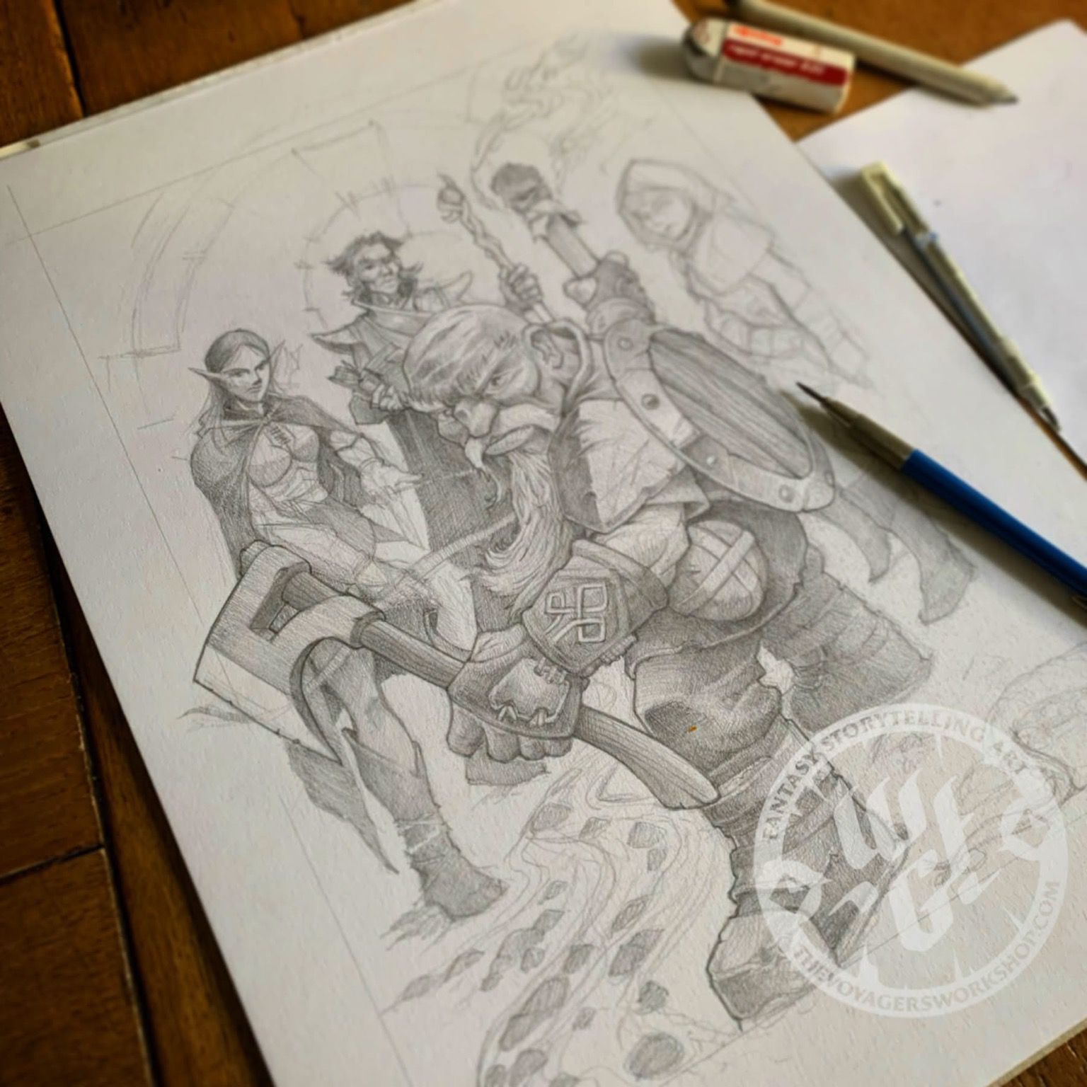 A photograph displaying the current progress on a hand drawn pencil illustration of a dwarf fighter, an even hunter, a human mage and a rogue venturing into a dark tunnel.