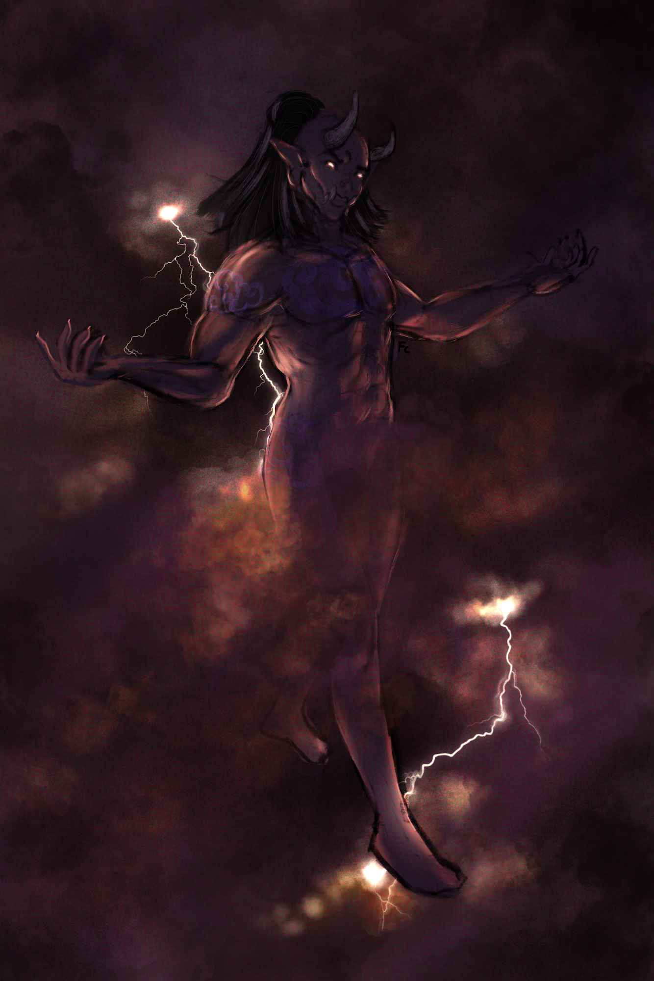 A digital illustration of a muscular man with purplish, storm-hued skin striding through thick, lightning charged clouds. He holds out his arms wide, hands open in beckoning challenge. Electric light seethes from his eyes, focused on the viewer as they are. Violet tattoos of swirling clouds stretch across his pectoral and biceps. His nudity is covered by a thick haze of evening-hued clouds. The artist's signature, "Fc" is tucked below the man's right arm.