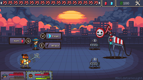 A pixelart rpg battle scene. A girl with a shadow hand hanging from her hat and a civic engineer with a metal antenna emitting static are facing three robot creatures in front of a sunset over a city skyline.
Two of the robots look like some sort of old router with spider legs and the third one resembles a giraffe made of traffic signs and a warning light of some sort.