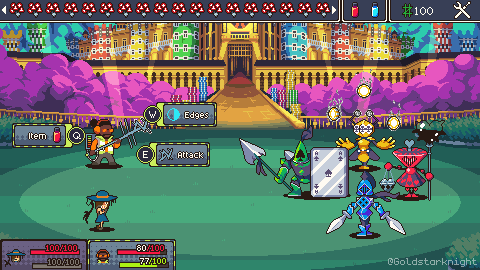 A pixelart rpg battle scene. A girl with a shadow hand hanging from her hat and a civic engineer with a metal antenna emitting static are facing four casino-themed knights. The blue one carries two swords, the green one has a tall metal shield that looks like a playing card as well as a spear. Casino chips are floating over the yellow knight and the red one carries a censer and a staff.
