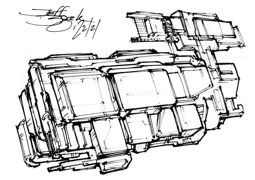 I swear, the best way to describe this is about 20 Zippo lighters of different sizes welded together, with an aft outrigger looking like a safety razor injector cartridge from Wilkinson Sword. And it's a spaceship with techno greeble.