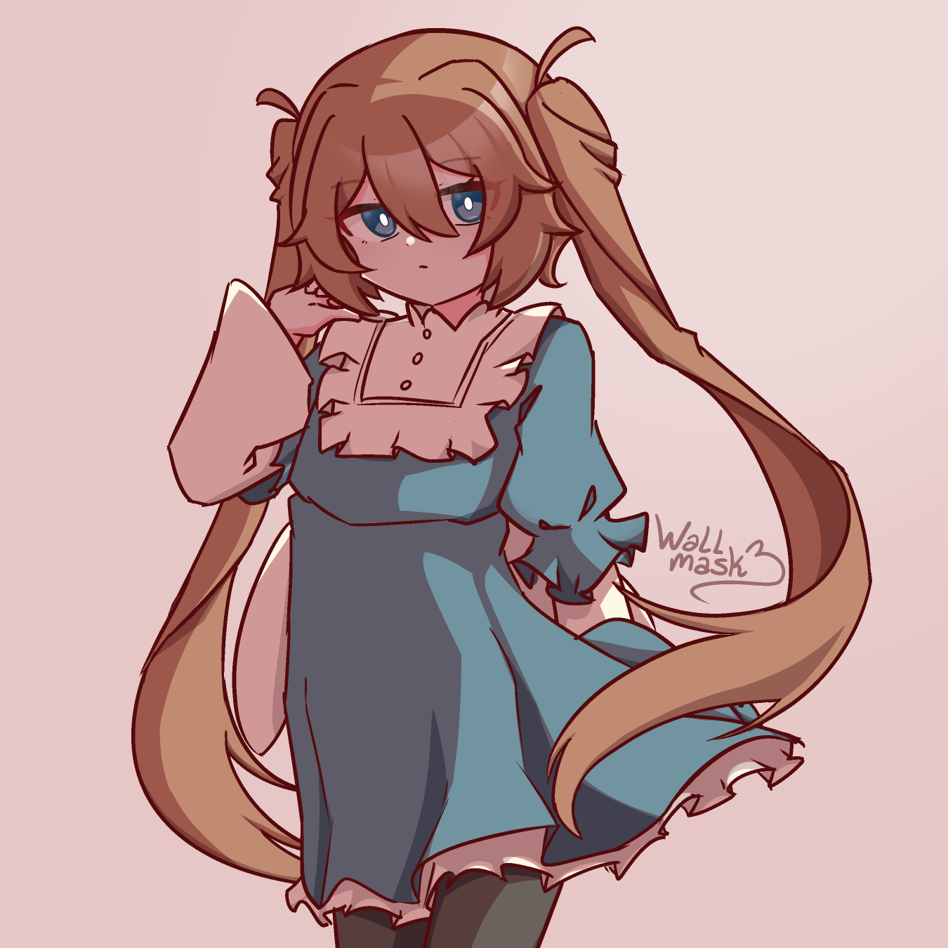 Anime style art of an expressionless girl with her right hand on her hair, while the other hand is behind her back. She has brown hair tied in very long high twintails, blue eyes, and wears a blue dress with white frills. The girl is shaded and light comes from the side, and her pupils are bright white. The girl is Remishia Campbell, or Remi, @myoshotis.bsky.social 's original character.