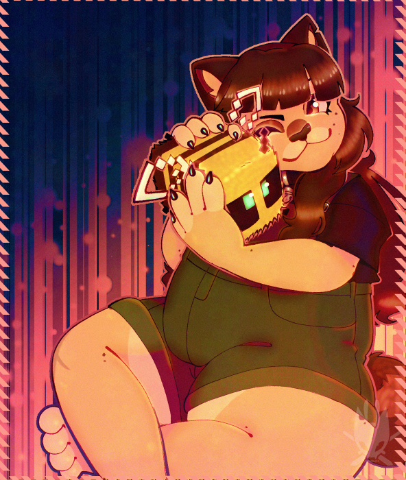 marie (slushiecafe's oc) holding a fuzzy plush minecraft bee