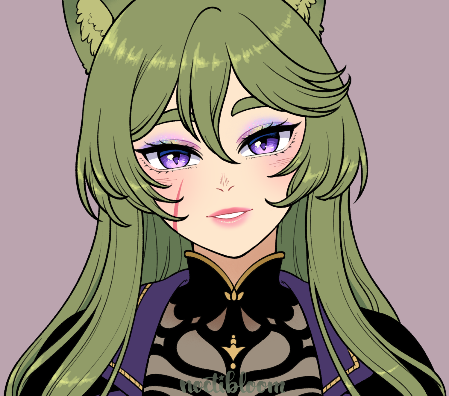 Digital flat-color portrait of a green-haired miqo'te woman wearing makeup.