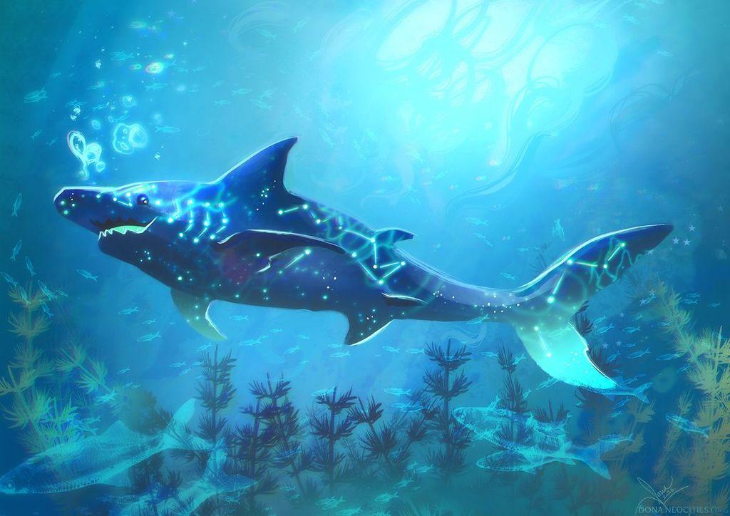 Penny the dark blue shark with constellations swimming under her skin. She looks happy as she swims with a lot of tiny, ghostly fish.