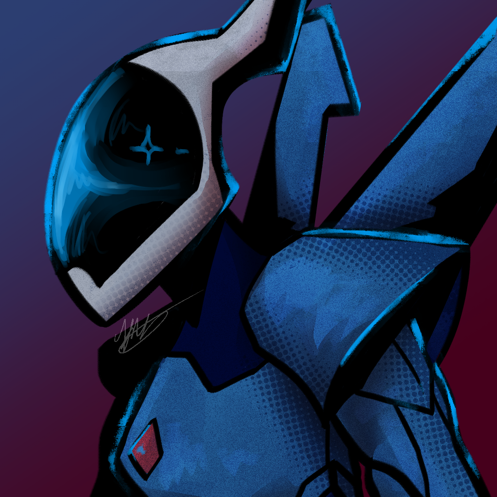A wraithknight from warhammer 40k character looking to the left with black shadows and blue lighting