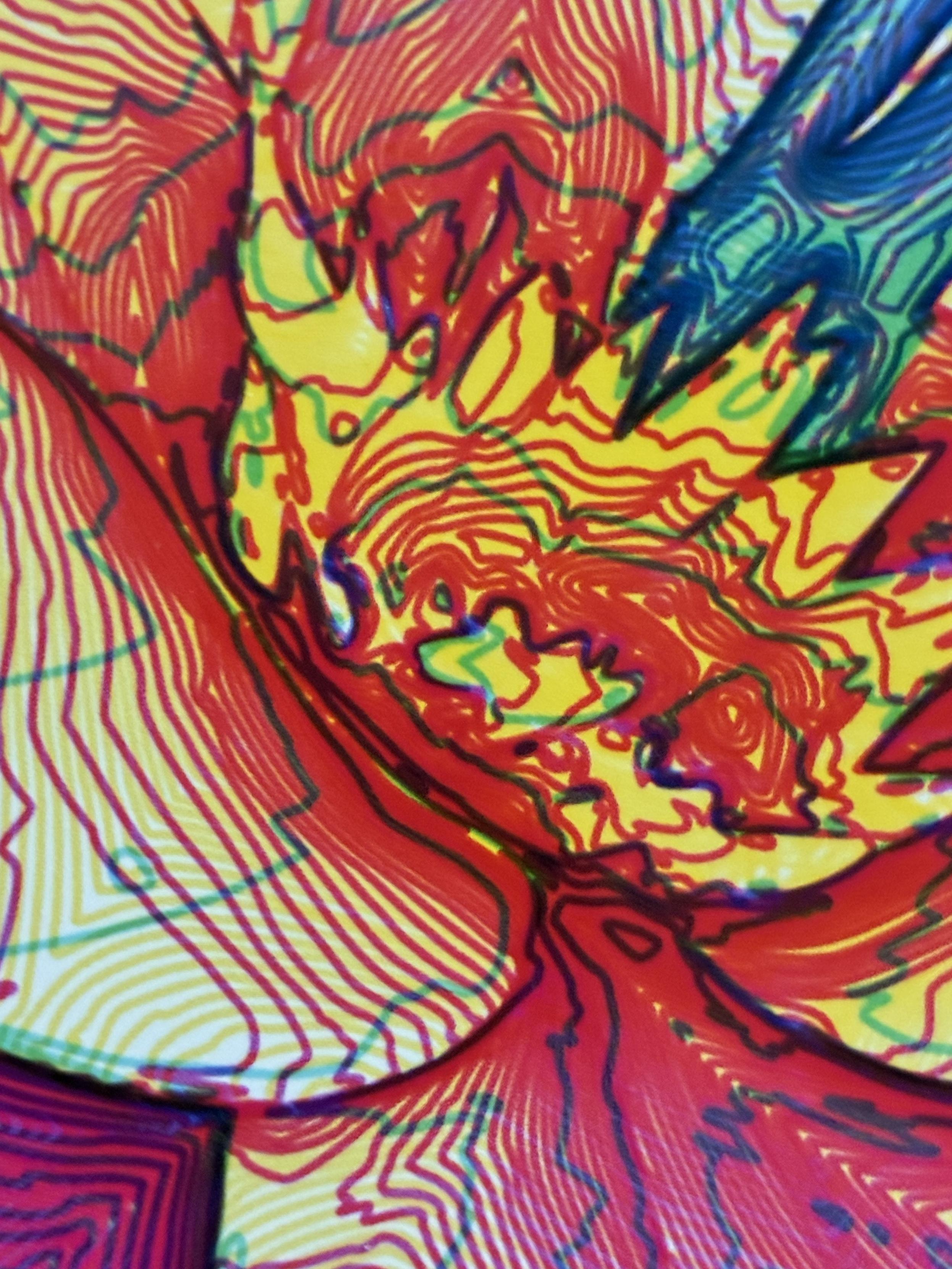 This image features a vivid, abstract design with bold, overlapping, and intertwined lines. The dominant colours are red, yellow, and blue, creating a high-contrast effect. The red lines form swirling, organic patterns resembling topographic map contours, while the yellow background enhances the visual intensity. There are areas of deep blue and green adding dynamic contrast.