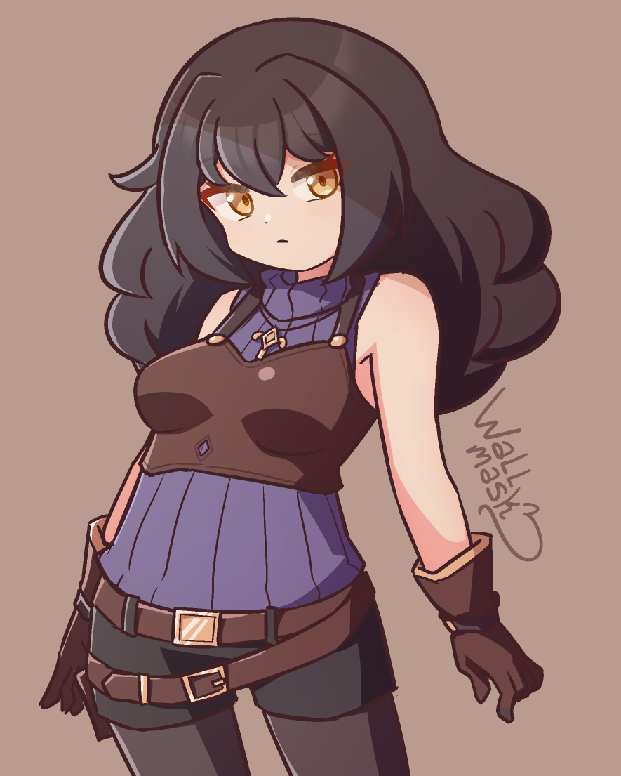 Anime style art of a girl with long black hair and yellow eyes. She wears a turtleneck sleeveless purple sweater, gloves, a breasts armor and black shorts and pantyhose. The girl is marsha, @sequencebrg.bsky.social 's original character.