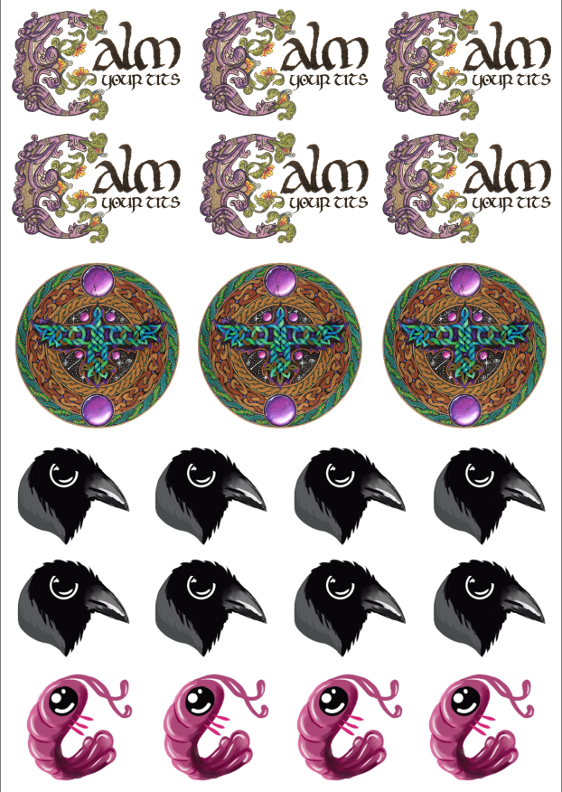 An example sticker sheet layout with several different designs in rows on the page.