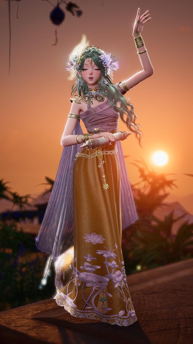Nikki dancing in the sunset. She is wearing a brown and plum purple dress with a sheer cape.