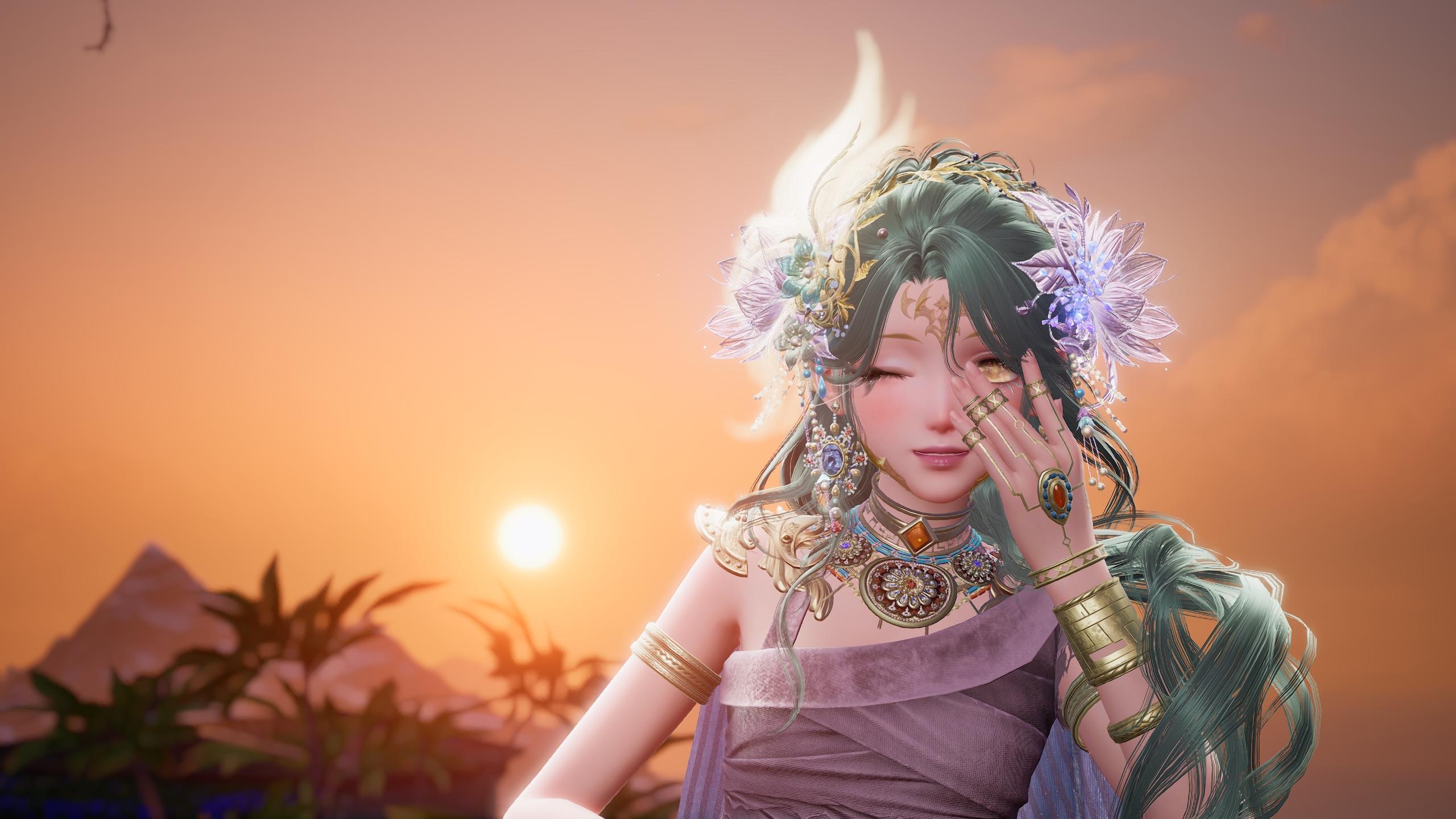 Close-up of Nikki, showing off her golden jewelry and flower headpiece.