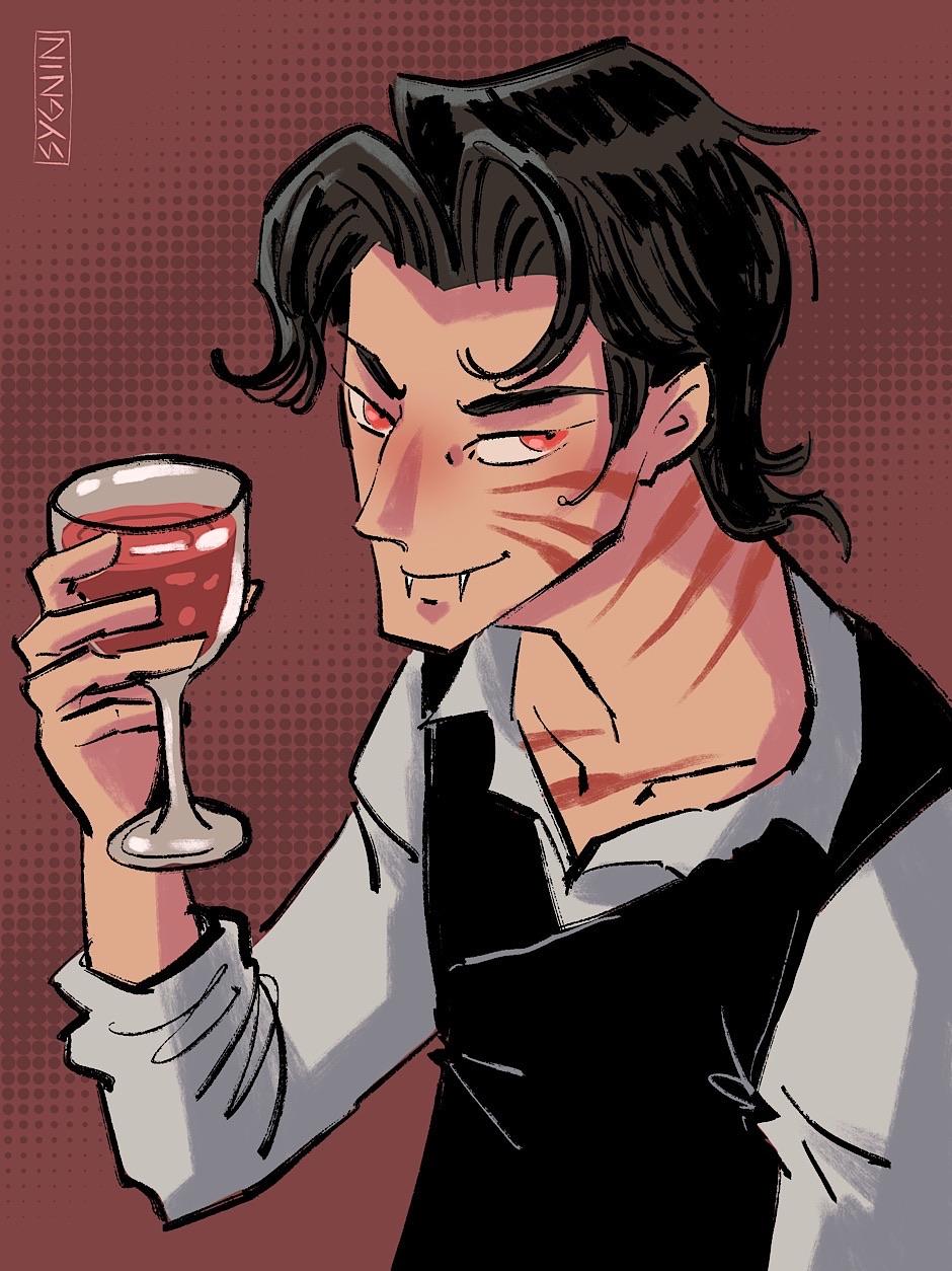 Smiling vampire man with short black hair and scard, holding a wine glass filled with red liquid