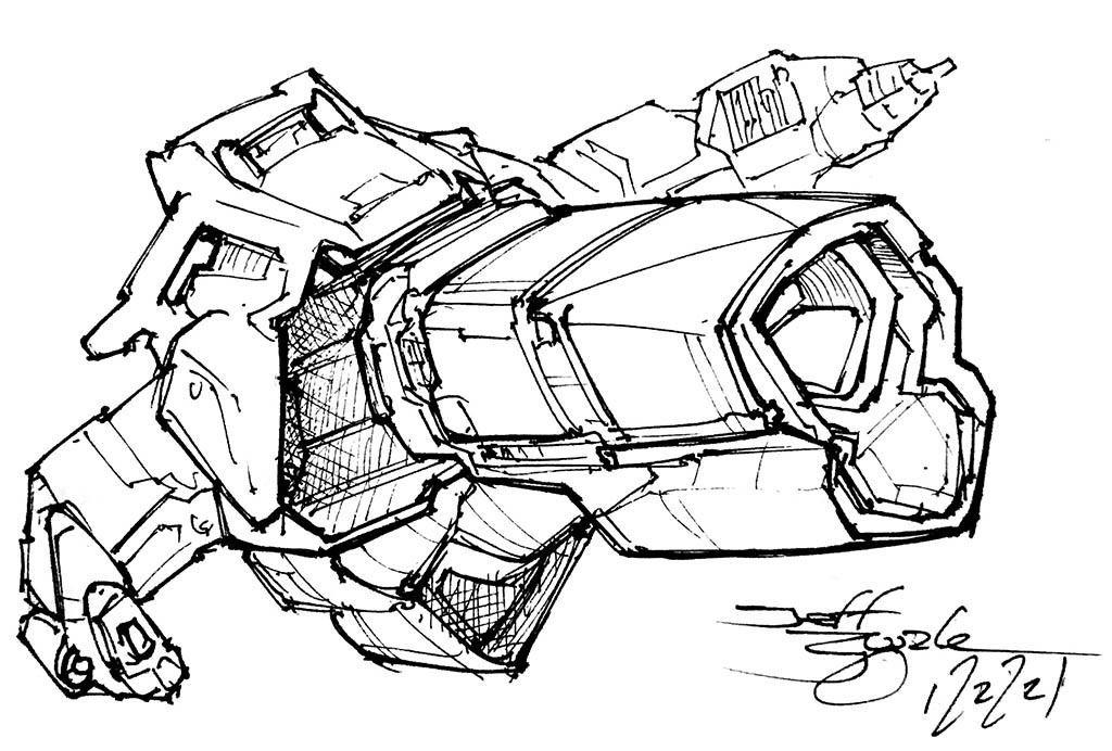 Bit more conventional, rather warlike looking. Center hull is pretty much a handgun without handle, with a multisided rear section, angled top tower, and side rigged large cannon type things. Looks really mean.