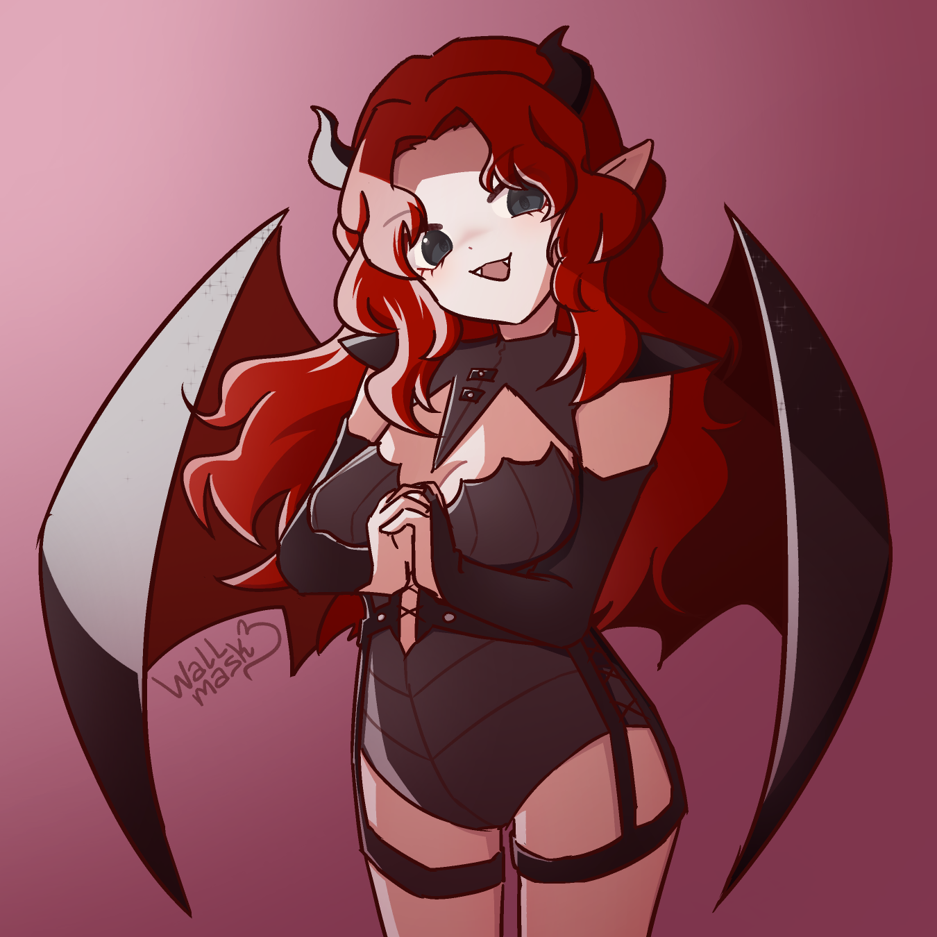Anime style art of a vampire girl with long red hair, black eyes and black horns and wings, wearing a black armor. She smiles and has her hands together, and fangs are visible from her mouth. The girl is Akantha Blake, @cynjones.bsky.social 's original character. This art was made as an Attack for Art Fight 2026 for user CynJones.